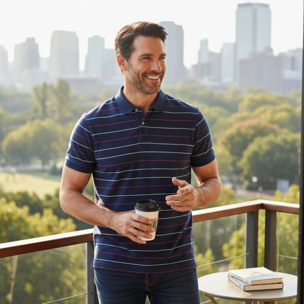 J.Crew Navy Blue Stripe Slub Polo Men Shirt Size Large